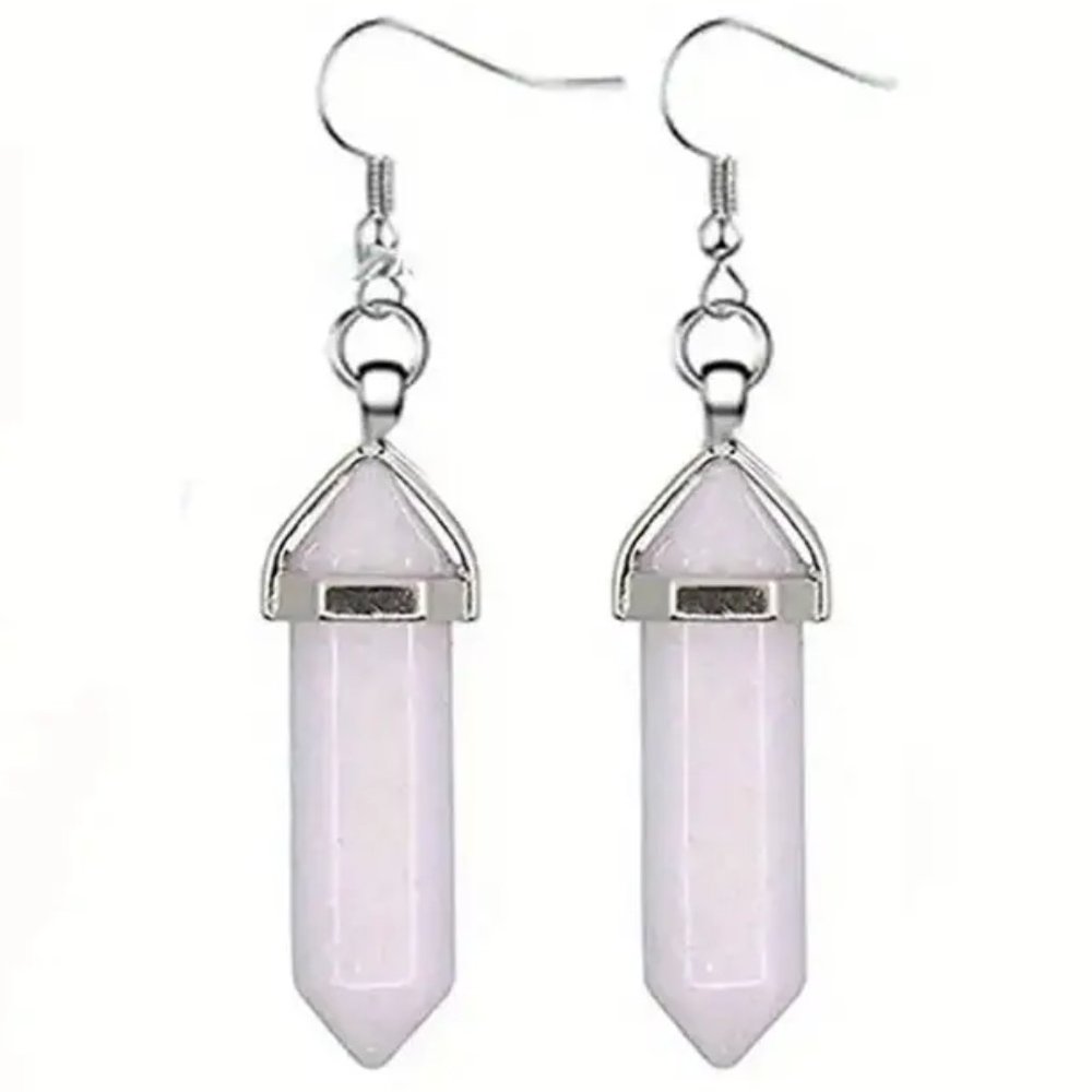 Rose Quartz Natural Stone Gemstone Handmade Hexagon Point Dangle Earrings